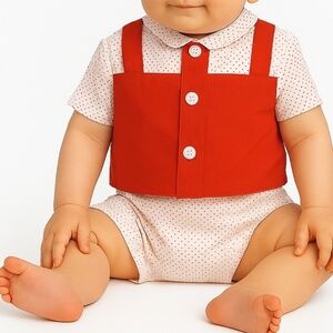 Vtg 1950s Infant Baby Red Shirt & Shorts Set 12 MO Polkadots Button Retro MCM